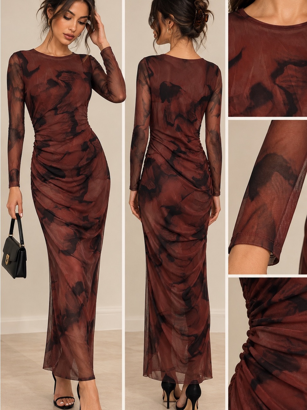 Brown & Black Sheer Ruched Long Sleeve Maxi Dress
